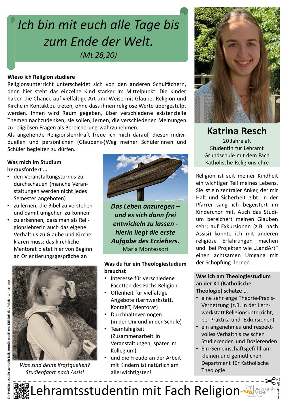 Plakat von Katrina Resch, in dem sie erklärt, warum sie Lehramt Grundschule mit Katholischer Religion studiert