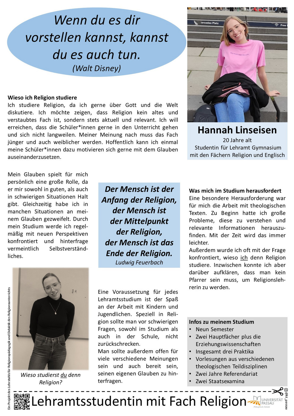 Plakat von Hannah Linseisen, in dem sie erklärt, warum sie Lehramt Gymnasium mit Katholischer Religion studiert