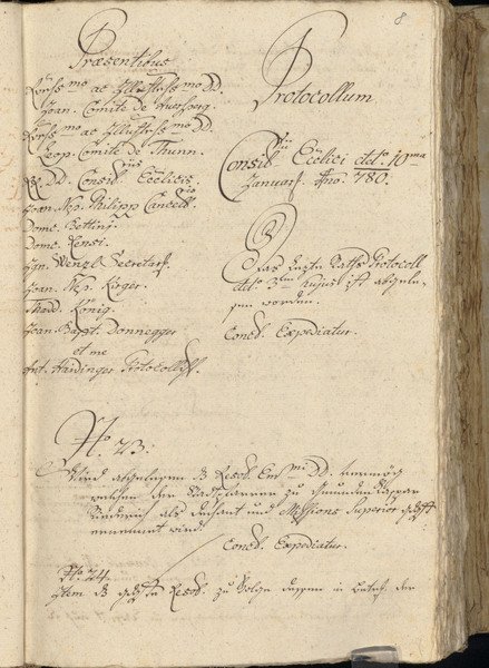 Handschriftliches Protokoll vom 10. Januar 1780 des (Oberennsischen) Geistlichen Rates des Bistums Passau, Foto:Archiv des Bistums Passau Handschriftliches Protokoll vom 10. Januar 1780 des (Oberennsischen) Geistlichen Rates des Bistums Passau, Foto:Archiv des Bistums Passau