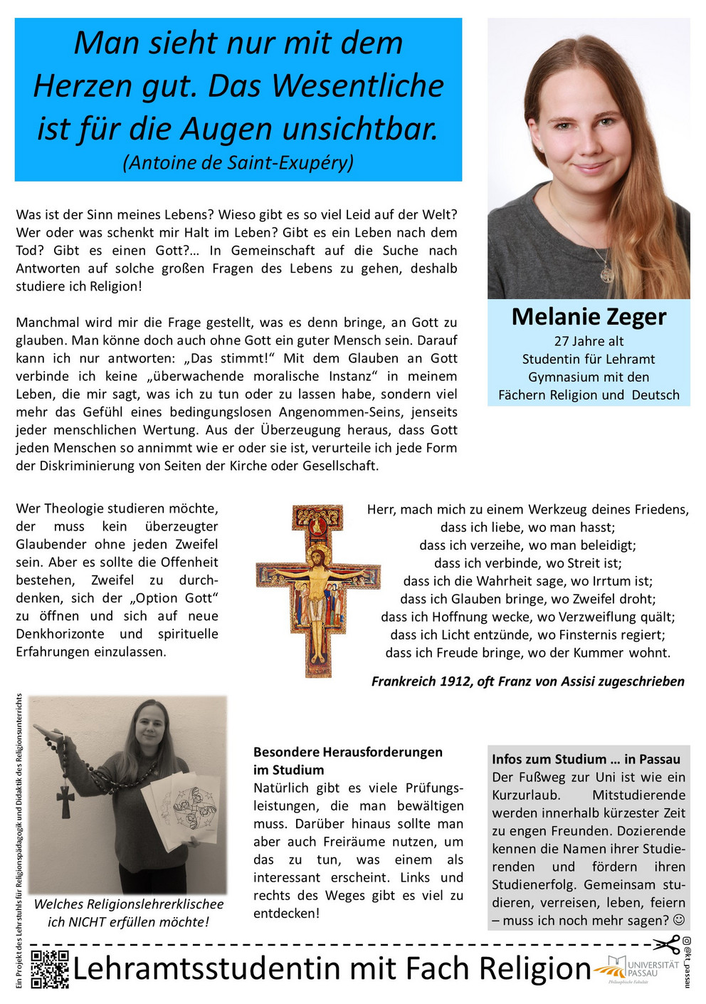 Plakat von Melanie Zeger, in dem sie erklärt, warum sie Lehramt Gymnasium mit Katholischer Religion studiert