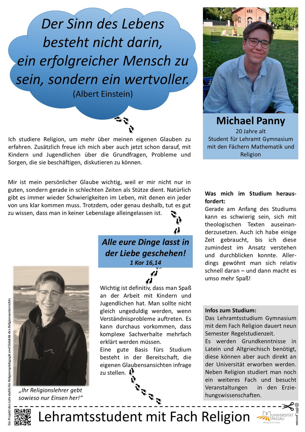 Plakat von Michael Panny, in dem er erklärt, warum er Lehramt Gymnasium mit Katholischer Religion studiert