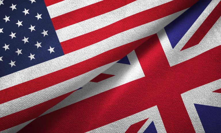 United States and United Kingdom two flags textile cloth, fabric texture Flagge USA und UK