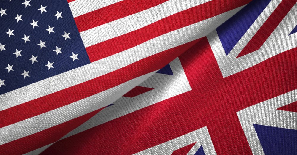 United States and United Kingdom two flags textile cloth, fabric texture Flagge USA und UK