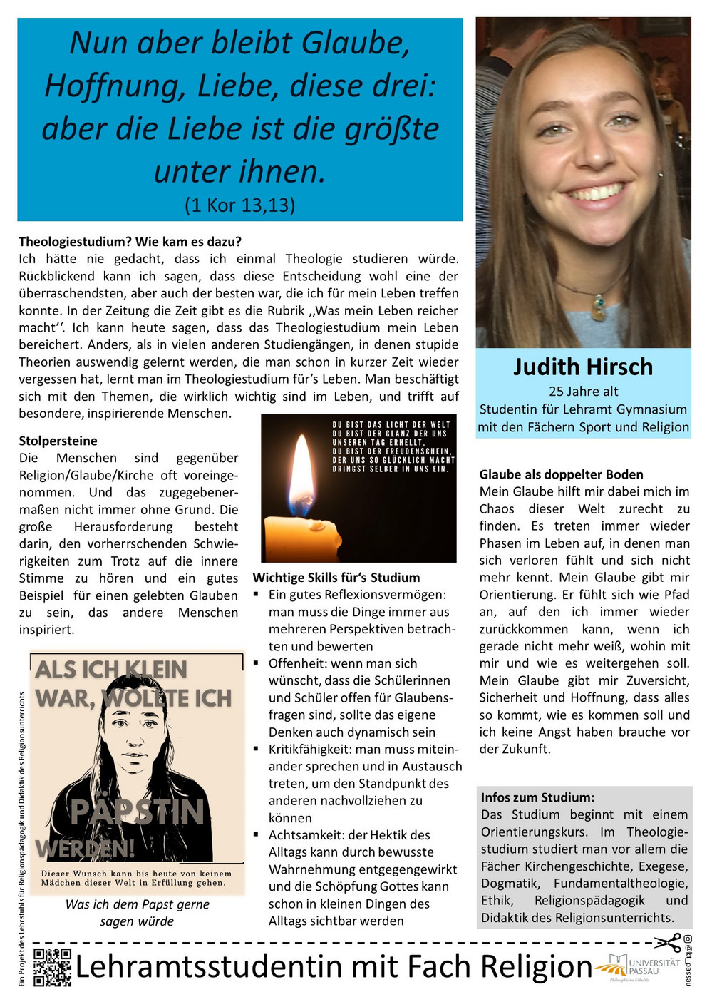 Plakat von Judith Hirsch, in dem sie erklärt, warum sie Lehramt Gymnasium mit Katholischer Religion studiert