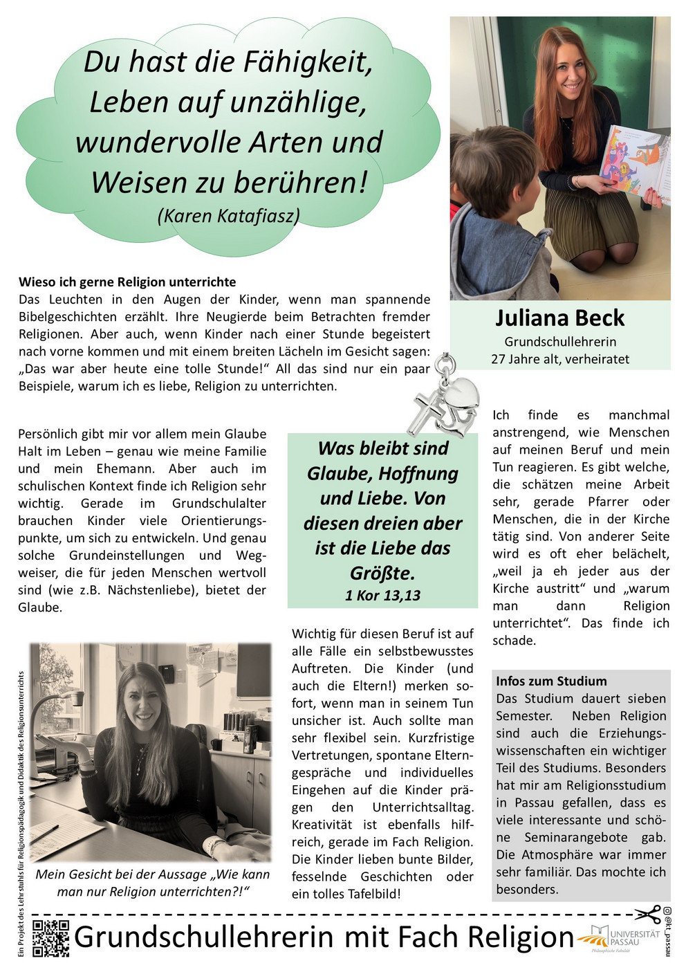 Plakat von Juliana Beck, in dem sie erklärt, warum sie gerne Katholische Religion an der Grundschule unterrichtet